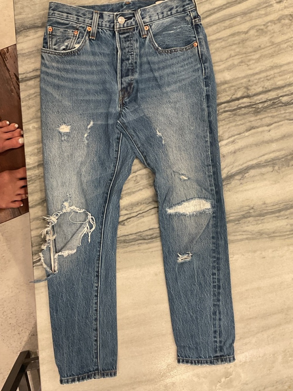 Levi's White Oak Cone Light Blue Distressed Straight Leg Jeans - Picture 12 of 13